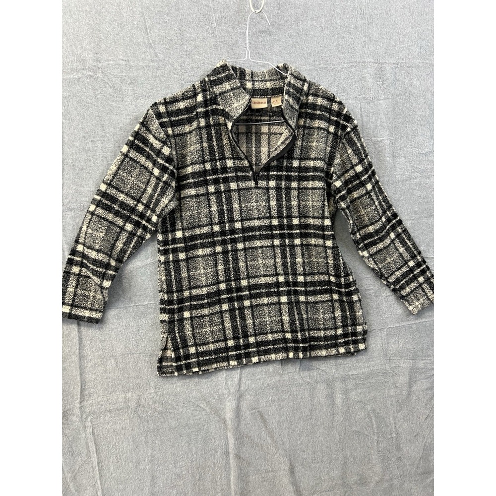 Crossroads Womens Plaid Quarter Zip Pullover Sweater Grey Black White Size S